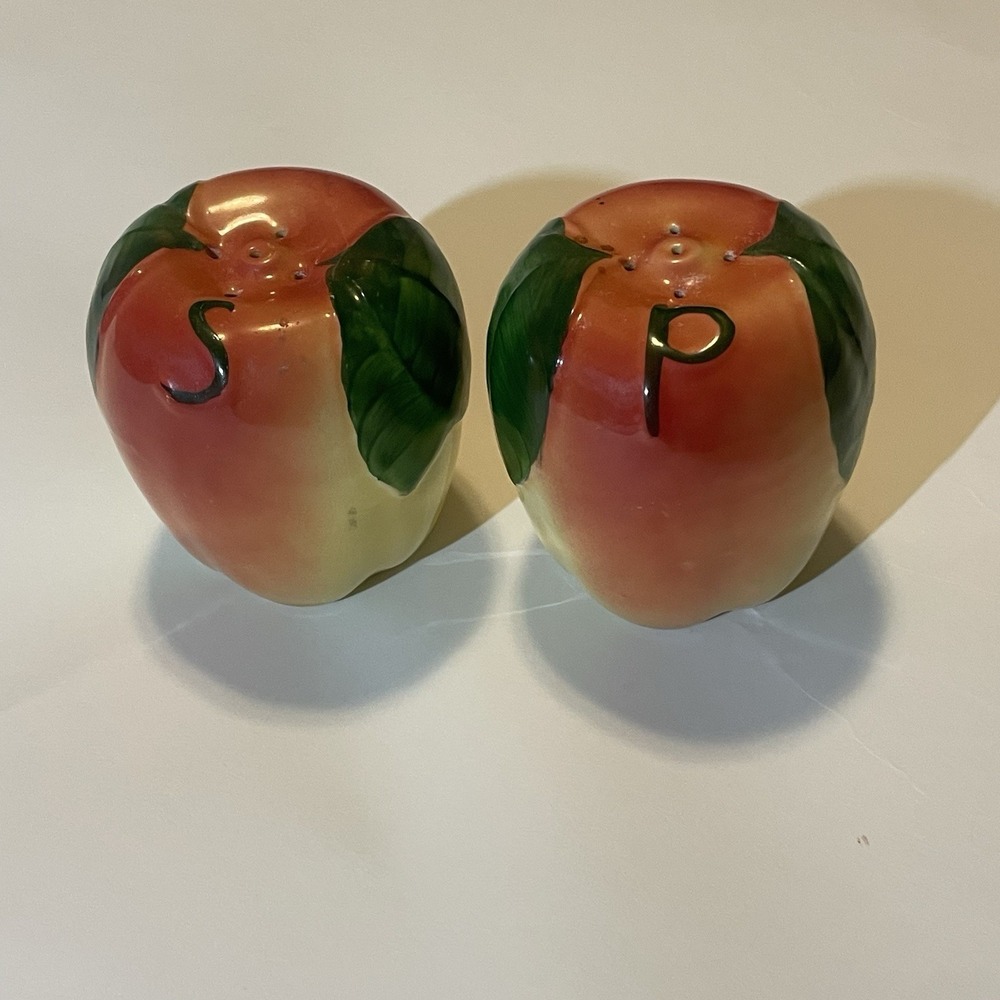 Apple Salt & Pepper Shakers Hull Pottery Pair Blush Hand Painted 3 1/2"